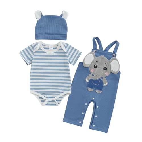 Image of Loalirando Newborn Boy Baby Grow Clothes Short Sleeve Striped Romper + Elephant Overalls + Hat Boys 3 Pcs Clothing Sets Infant Spring Fall Playsuit Outfit 0-18 Months (Blue, 3-6 Months)