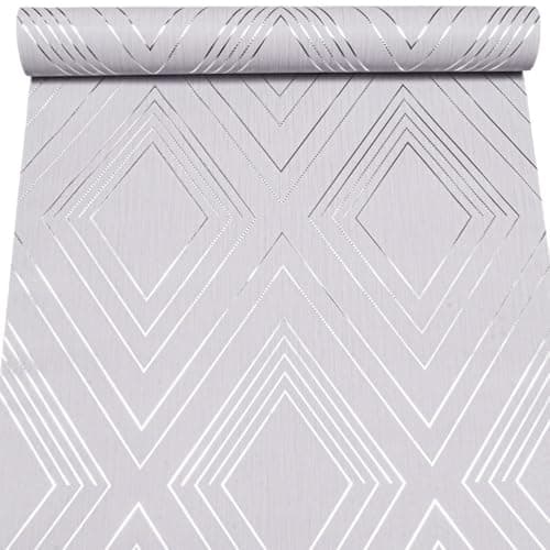 Image of SOPHIE LAURENCE Grey & Lilac Geometric Wallpaper – Silver Foiled Textured Vinyl Roll | Metallic Geometric Pattern Feature Wall Wallpaper 10 m