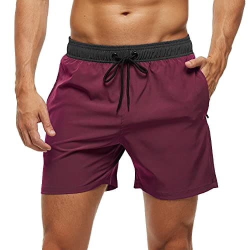 Image of Arcweg Men's Swimming Shorts Mens Swim Trunks with Zipper Pockets Swim Shorts Mesh Lining Stretchy Board Shorts Surfing Beach Shorts Quick Dry Black/Wine red M(UK)