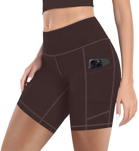 Image of MIRITY Women High Waisted Biker Shorts with Pockets for Gym Workout Running Yoga Brown