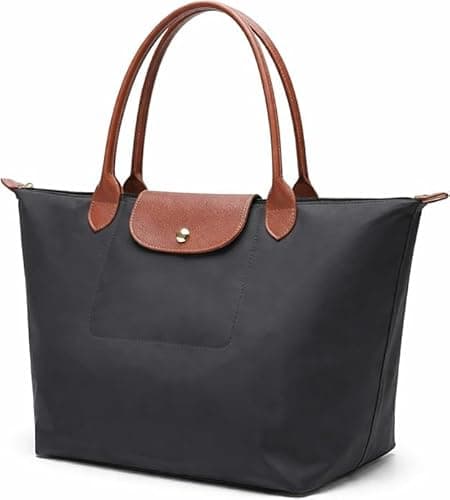 Image of Elite Apparel Large Tote Bag for Women – Lightweight Nylon Shoulder Bag with Leather Handles, Foldable Shopper Handbag for Work, Travel & Everyday Use (Black)