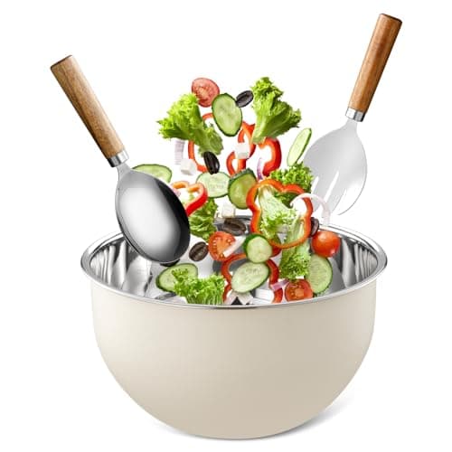 Image of FAB4HOME Salad Bowl and Server Set Stainless Steel Salad Mixing Bowl with Salad Spoon & Fork Large Metal Kitchen Bowl for Food Preparing and Serving, 26cm, Dishwasher Safe (Cream)