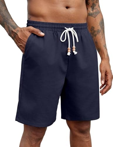 Image of COOFANDY Men's Shorts Casual Linen Shorts Summer Beach Short Pants for Vacation Holiday Travel & Lounging Navy Blue M