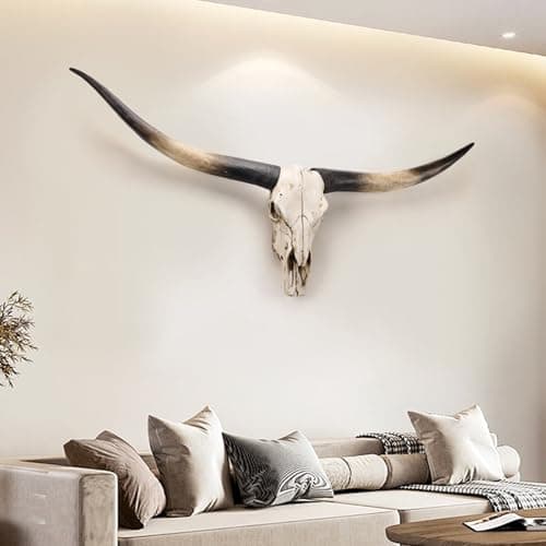 Image of 70 inches -long horns wall decor,animal skulls,longhorn skull,cow skull,real animal skull,animal head wall decor,faux taxidermy,medieval decorations,high skull artifact,cabeza de vaca(Black horn)