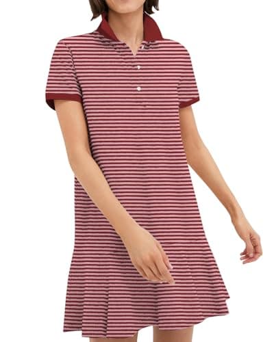 Image of YEXPINE Polo Dress for Women Short Sleeve Ruffle Hem Golf Tennis Summer Mini Dresses, Red Stripes, L