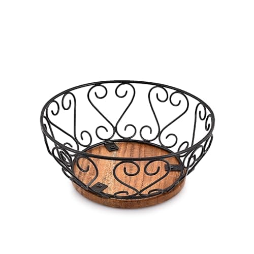 Image of EDHAS Iron Fruit Bowl with Wooden Base for Kitchen Countertop & Dining Room and Pantries (22.86cm x 22.86cm x 10.16cm)