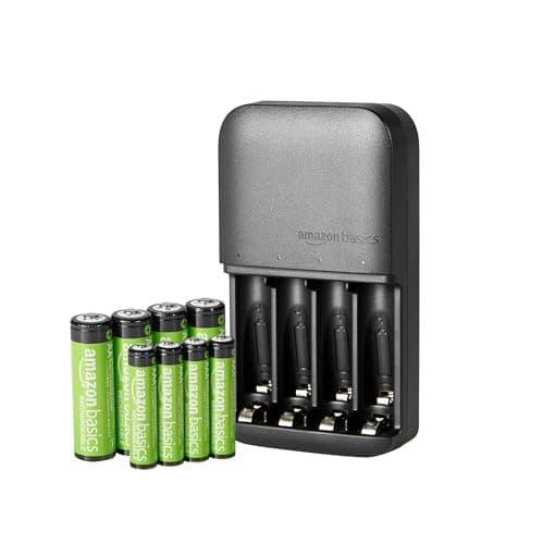 Image of Amazon Basics Rechargeable Batteries NiMH, AAA 800mAh 4-Pack + AA 2000mAh 4 Pack with 4 Bay Battery Charger, UK Plug, Black