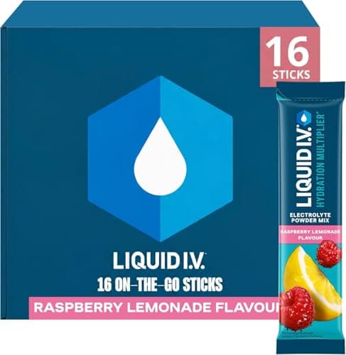 Image of Liquid I.V. Hydration Multiplier Electrolyte Powder Mix, Raspberry Lemonade Flavour, Electrolytes with 7 Vitamins & Minerals for Fast Hydration & Energy, Vegan and Gluten Free, 16 Sachet Sticks