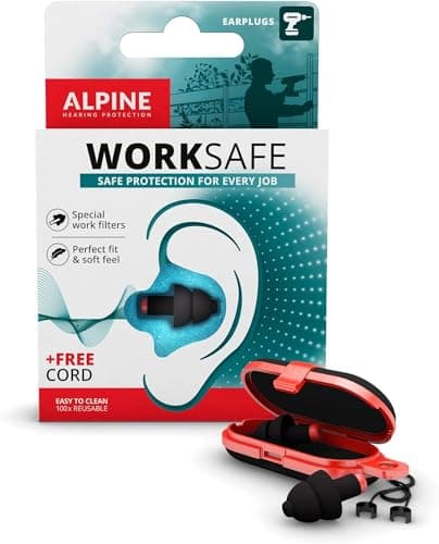 Image of Alpine WorkSafe Ear Plugs for Work & DIY - Reduce Machine Noises with Safety Cord - Comfortable Reusable Earplugs for Maximum Ear Protection (23 dB SNR)