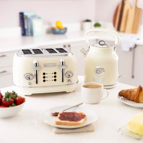 Image of CHARLES BENTLEY Kettle And Toaster Set, 1.7 Litre Kettle, & 4 Slice Toaster Set, Cream and Chrome, Fast Boil, 360 Degree Swivel Base, 6 Settings, Removable Water Filter, Non Slip Feet (32x29x28.8cm)
