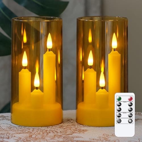 Image of Zevanor 3 in 1 Flameless Taper Short Candles with 10 Key Remote Control and Timer, Battery Operated Pack of 2 LED Acrylic 7.5cm x15cm Gold Pillar Flickering Warm Light