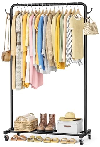 Image of HOMIDEC Clothes Rail, Metal Clothes Rack with 4 Side Hooks, Bottom Storage Shelf and Wheels, Heavy-Duty Clothing Rail Holds Up to 40kg, Clothes Rails for Bedroom, Hallway, Clothing Stores, Black