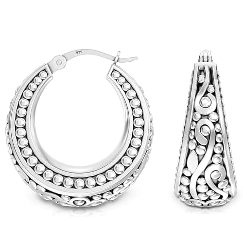 Image of Charmsy 925 Sterling Silver Elegant Valentines Day Earrings 925 Sterling Silver Antique Floral Design Beaded Filigree Hoop Earrings Lightweight Bali Style Chunky Click-Top Hoop Earrings for Women 2