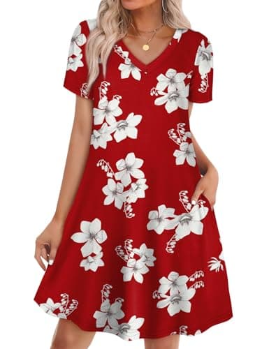 Image of WIHOLL Red Dresses for Women UK Summer Women Dresses Beach Summer Dress V Neck Short Sleeve with Pockets Red Floral Size 18-20