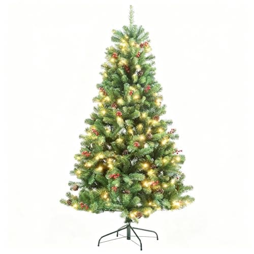 Image of 5Ft/1.5m Pre-Lit Artificial Christmas Tree Maryland Fir Green Pine Tips Decorated with Red Berries and Pine Cones Warm White LEDs Xmas Home Decorations Metal Stand