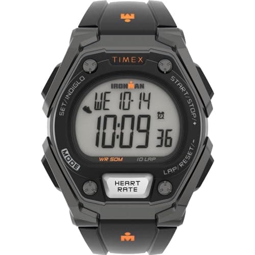 Image of Timex Men's Ironman Classic 43mm Watch with Daily Step, Calorie and Distance Tracking & Heart Rate, Black/Orange, 8 inches, Chronograph