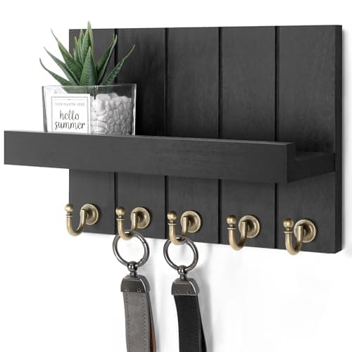 Image of Rebee Vision Modern Rustic Black Wall Mounted Key and Mail Organizer with 5 Hooks and Shelf