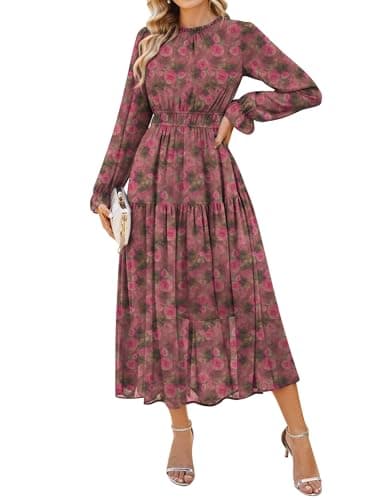 Image of GRACE KARIN Women's Dresses Casual Crew Neck Long Sleeve Chiffon Party Wedding Guest Dress CL0211-10/Rose Pink S