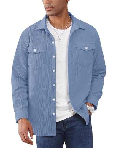 Image of EKLENTSON Mens Shirts Long Sleeve Corduroy Shirts Coat Button Down Trucker Jacket Shirt Casual Shacket Light Blue 2XL