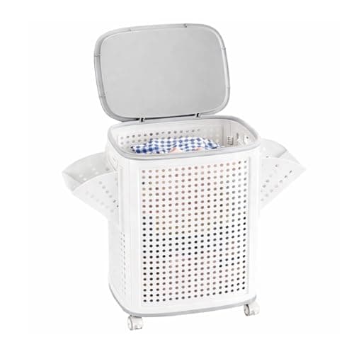 Image of M.J COMFY-LIFE Laundry Basket with 360° Wheels and Lid Large Rolling Clothes Hamper with Built-in Storage Basket Ventilated Design for Laundry Room Bathroom Bedroom (With Sidebar)