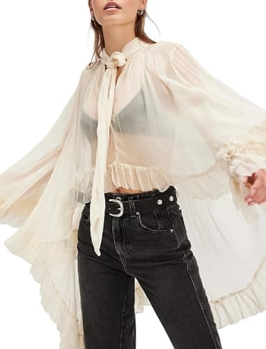 Image of Seyumixi Women Long Bell Sleeve Frill Top See Through Sheer Mesh Blouse High Low Hem Ruffled Sexy Flowy Tops Shawl Shirt, Ivory White, L