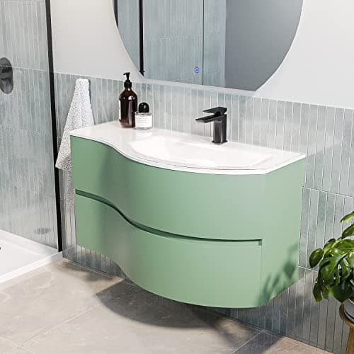 Image of Tulum 1000mm Green Wall Hung Right Hand Curved Vanity Unit with Basin