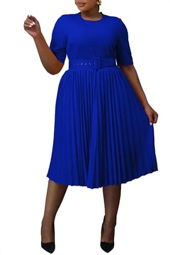 Image of VERWIN Plus Size Dress Short Sleeve Dress for Women Round Neck A-line Dresses Women's Midi Dress Belted Pleated Dress XXL Blue