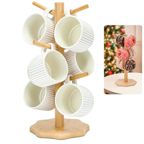 Image of Euqvunn 6 Cups Mug Tree, Wooden Mug Stand Cup Tree, Kitchen Storage Rack Coffee Cup Holder, Countertop Mug Holders with Anti-Slip Weighted Base Coffee Cup Stand for Mugs for Kitchen, Cafe(No Mugs )
