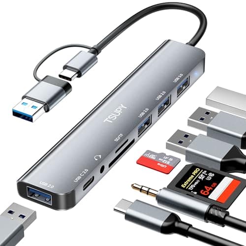 Image of TSUPY 8 in 1 USB C Hub - Multiport Adapter with USB 3.0/2.0, SD/TF Card Reader, 3.5mm Audio Jack, Aluminum Casing - Compatible with Smartphones, Laptops, Tablets, Switch PC, Desktop, USB Stick