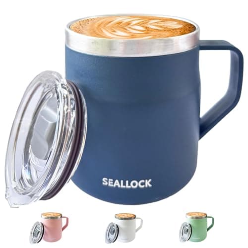 Image of SiHuiTu Ins Style Coffee Cup, Insulated Stainless Steel Desk Cup, Coffee Mug with Lid & Handle – Reusable Office Mug​ for Hot & Cold Drinks, Modern Design, 450ml (Blue)