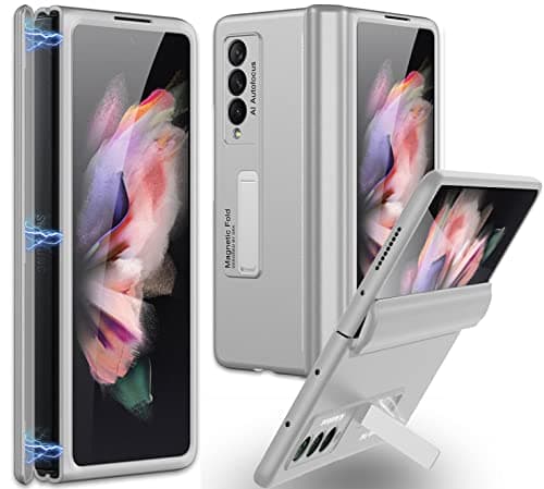 Image of Miimall Case for Samsung Galaxy Z Fold 3 5G, Hinge Protection Hard PC Silicone Cover with Magnetic Stand Anti-Drop Anti-Scratch Hinge Cover for Samsung Galaxy Z Fold 3-Silver