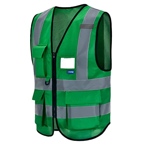 Image of Green high vis vest high viz jacket hi vis Zipper Front High Visibility vest Hi Vis Executive Vest Waistcoat with Phone & ID Pockets