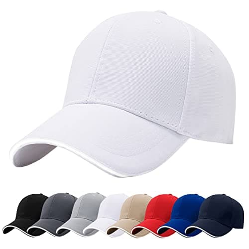 Image of Baynetin Men Baseball Caps, 100% Cotton 6 Pannels Plain Solid Color Hat,Pre-Curved Visor with Sandwich. Adjustable Breathable Summer Sun Hat Sports Cap for Outdoor. (White)
