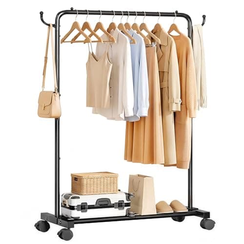 Image of Yorbay Heavy Duty Clothes Rail: 45 kg Standing Garment Storage for Indoor - Rolling Hanging Rod for Bedroom Laundry Room - Coat Dress Organizer on Wheels with Luggage Shelf (80 cm)