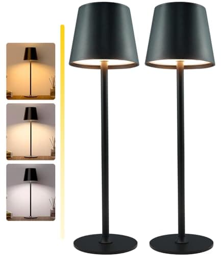 Image of Aiandcc Rechargeable Lamps Full Metal Set of 2, Rechargeable Table Lamps UK with 3 Color Modes, 5200mAh Battery Operated Lamp, Touch Control Wireless Lamp Indoor and Outdoor IP54 Waterproof (Black)