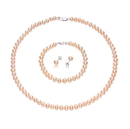 Image of Treasure Bay Women's Pearl necklace earrings Set - 7mm Freshwater Pearl Jewellery Set for Women, Girls With Sterling Silver Clasp (Pink)