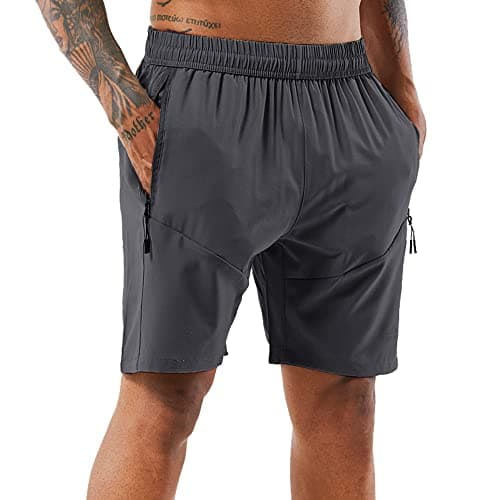 Image of YAWHO Men's Sport Running Workout Shorts Quick Drying Breathable Training Fitness Jogging Gym Shorts with Zipping Pockets (0366 Grey, L)