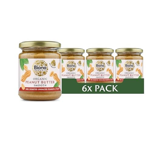 Image of Biona Organic Peanut Butter Smooth 6 Pack – 100% Organic Peanuts, Vegan Peanut Butter, No Palm Oil or Added Sugar, Smooth & Creamy, High Protein, 250g Jars