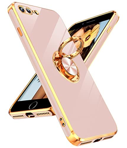 Image of LeYi for iPhone 7 Plus/8 Plus Phone Case, Protection Cover with Ring Holder, [Shiny Plating Gold Edge] Flexible Silicone Lightweight Luxury for iPhone 7+ /8+ Cover, Pink