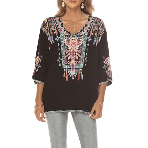 Image of Seasonal Women's Embroidered Crew Neck Blouse Summer Bohemian Vintage Shirts Hippie Floral 3/4 Sleeve Boho Tops for Women,Black-438,L