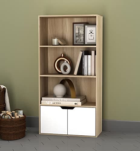 Image of URBNLIVING 4 Tier Wide Wooden Bookcase Cupboard with 2 Doors Storage Shelving Display Shelf Cabinet Unit (Oak with White Doors)