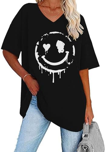 Image of WNEEDU Women Summer T Shirts V Neck Loose Casual Ladies Plus Size Tops Short Sleeve Tee Black White Smile 4XL