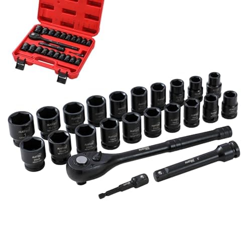 Image of KATSU Tools 1/2" Drive Impact Socket Wrench Set, 23-Piece, 6-Point, Inch & Metric Sockets 7/16"- 1" and 13-24mm, Cr-V, 72-Teeth Quick Release Ratchet Wrench, Extension Bar, Adapter & Plastic Case