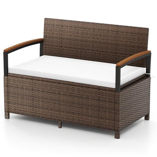 Image of RELAX4LIFE 2-in-1 Patio Storage Bench, 175L Capacity PE Rattan Garden Bench Park Chair Seat with Padded Cushion & Protective Liner, 2-Seater Outdoor Wicker Loveseat Deck Storage Box
