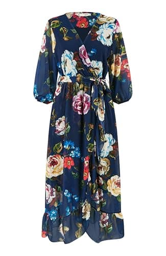 Image of Yumi Navy Watercolour Dip Hem Midi Wrap Dress (UK, Numeric, 16, Regular, Regular, Navy)