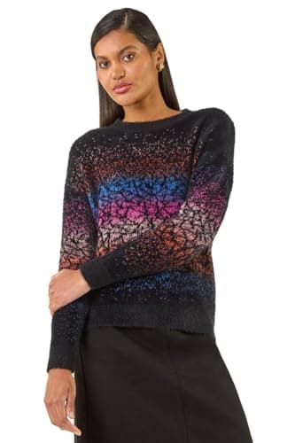Image of Roman Fluffy Yarn Jumper for Women UK Ladies Thick Sweater Warm Cosy Chunky Knitted Pullover Winter Furry Casual Smart Textured Everyday Cuddly Soft Knitwear - Black Multi - Size 10