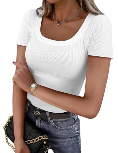 Image of Zeagoo Women's Short Sleeve T-Shirt Ribbed Round Neck Tee Shirts Slim Fit Basic Tops Casual Summer Tunic Top for Ladies White S
