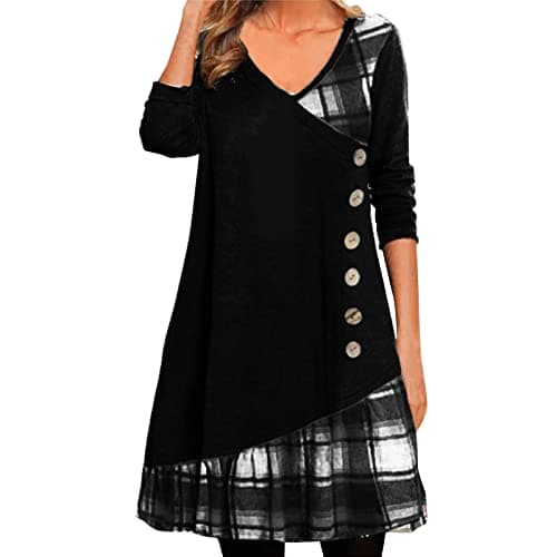 Image of Generisch Summer Dress Women's Long Sleeve Patchwork Dress with V-Neck for Women, Decorated Dress with Checked Print and Buttons, black, XL