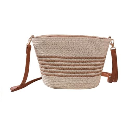Image of Holiday Travel Outfit Straw Crossbody Bags For Women With Stripe Hand Woven Shoulder Bag Adjustable Faux Strap Beach Purses (Beige, One Size) Easy to Pack