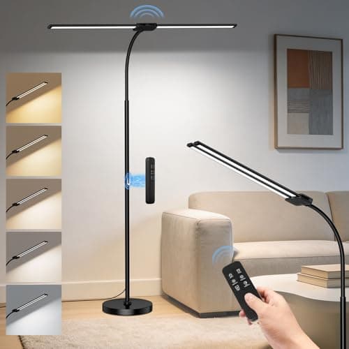 Image of LED Dual Head Floor Lamp with 50 Light Mode, Dimmable Gooseneck Tall Standing Lamp with Remote & Gesture Control, 18W Bright Eye-Caring Floor Lamps for Living Room,Bedroom,Piano Room,Home Office
